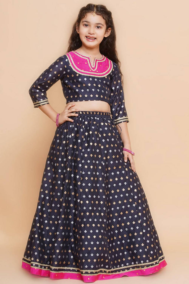 Girl's Navy Blue Jacquard Silk Lehenga