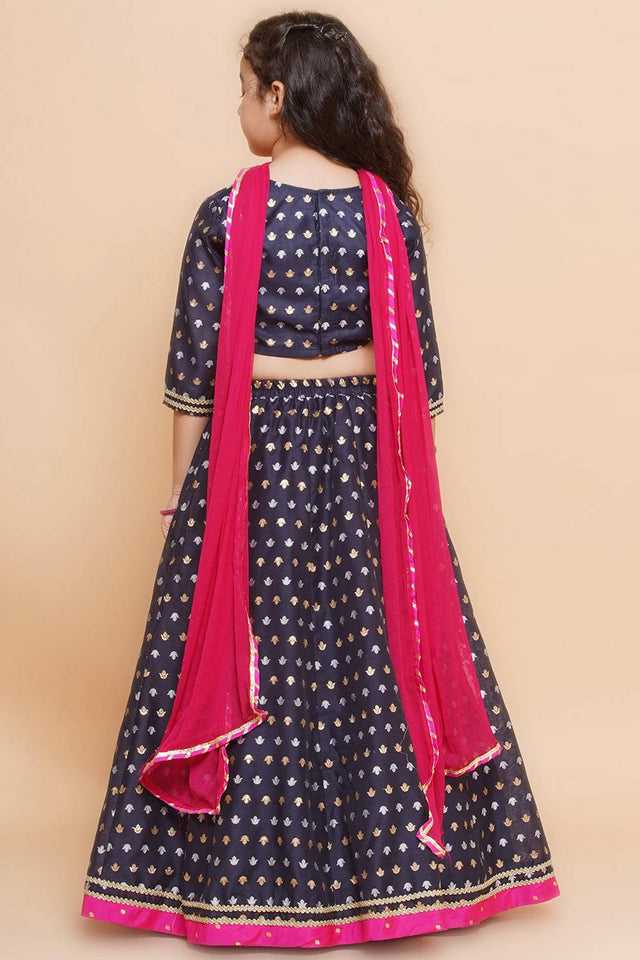 Girl's Navy Blue Jacquard Silk Lehenga