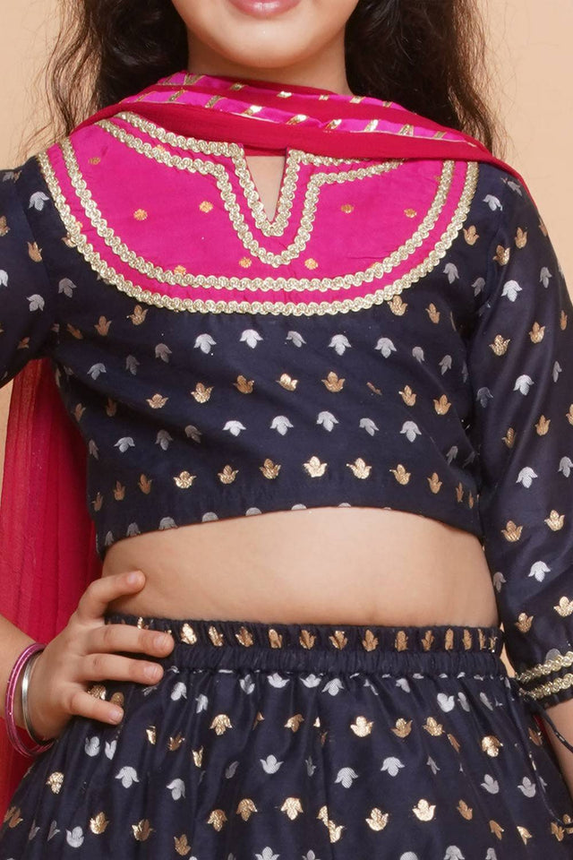 Girl's Navy Blue Jacquard Silk Lehenga