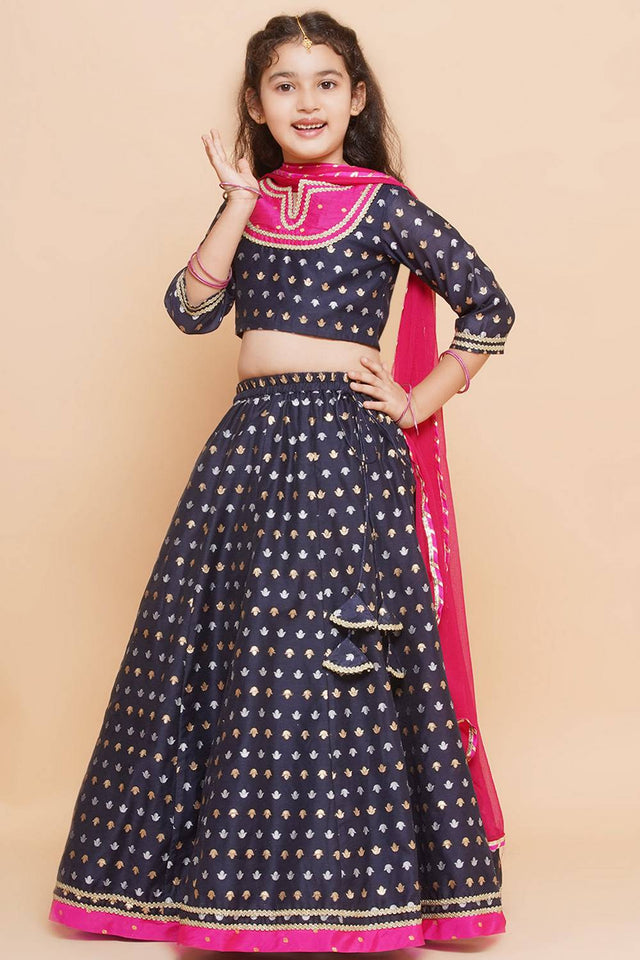 Girl's Navy Blue Jacquard Silk Lehenga