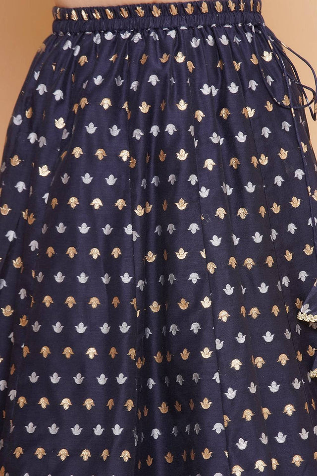 Girl's Navy Blue Jacquard Silk Lehenga