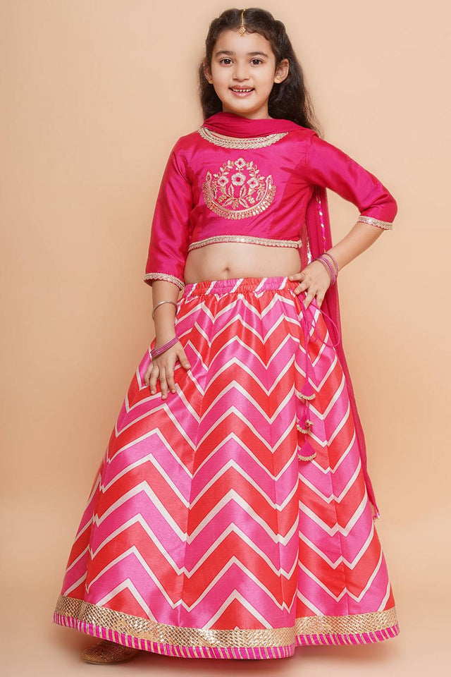 Girl's Pink Zig Zag Printed Silk Lehenga