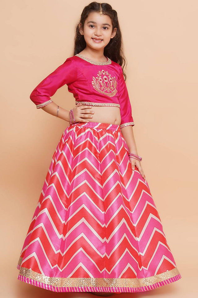 Girl's Pink Zig Zag Printed Silk Lehenga