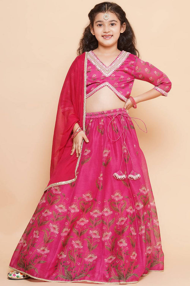 Girl's Pink Floral Printed Silk Lehenga