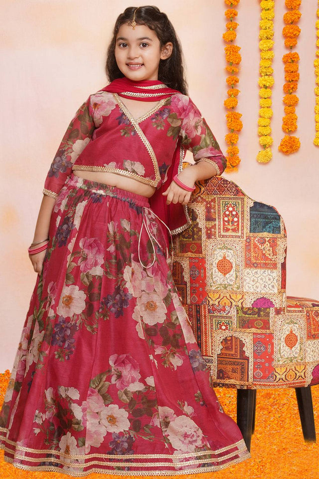 Girl's Maroon Floral Printed Silk Lehenga