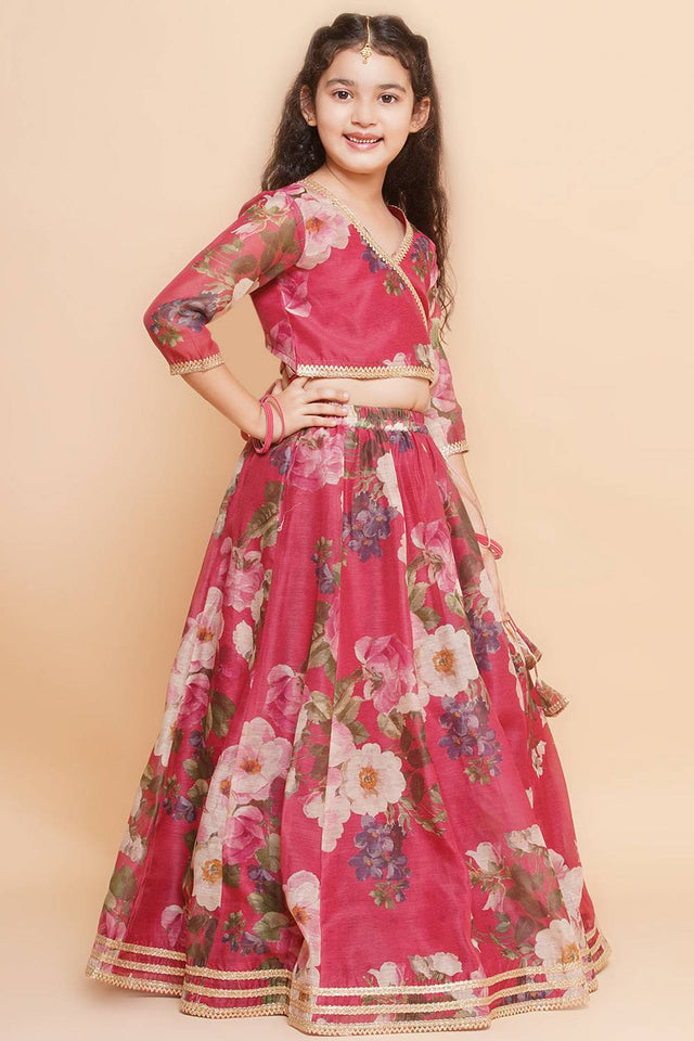 Girl's Maroon Floral Printed Silk Lehenga
