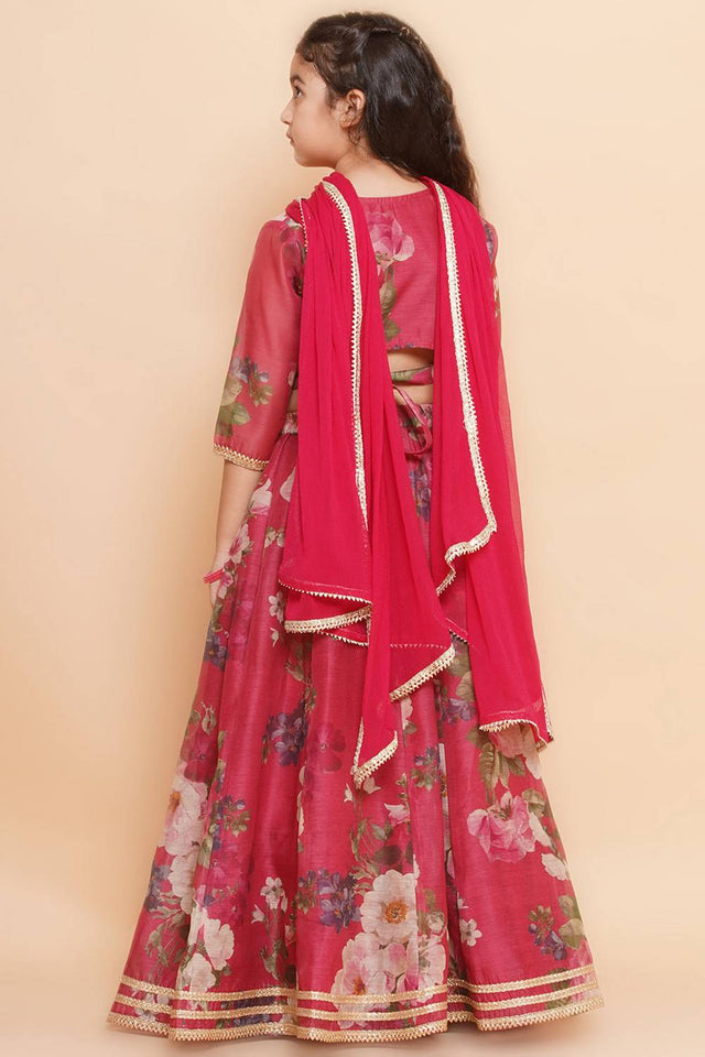 Girl's Maroon Floral Printed Silk Lehenga