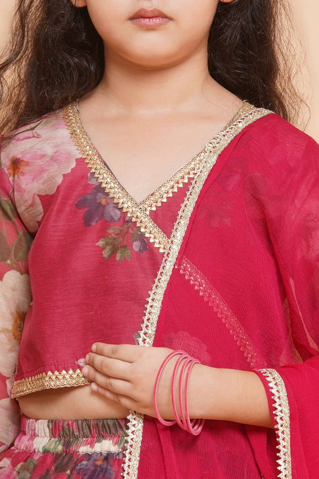 Girl's Maroon Floral Printed Silk Lehenga