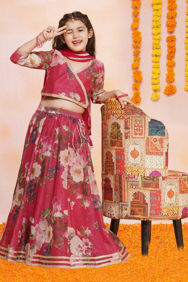 Girl's Maroon Floral Printed Silk Lehenga