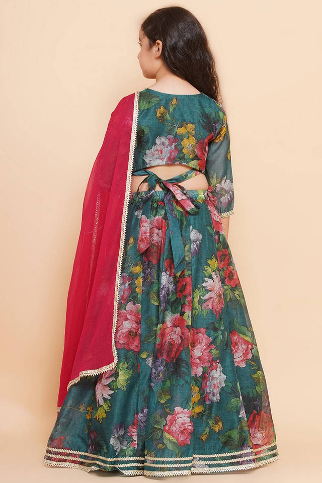 Girl's Green Floral Printed Silk Lehenga
