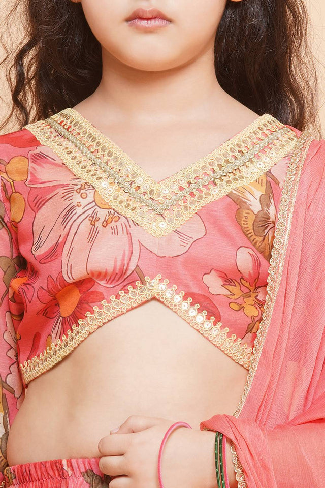 Girl's Yellow Floral Printed Silk Lehenga