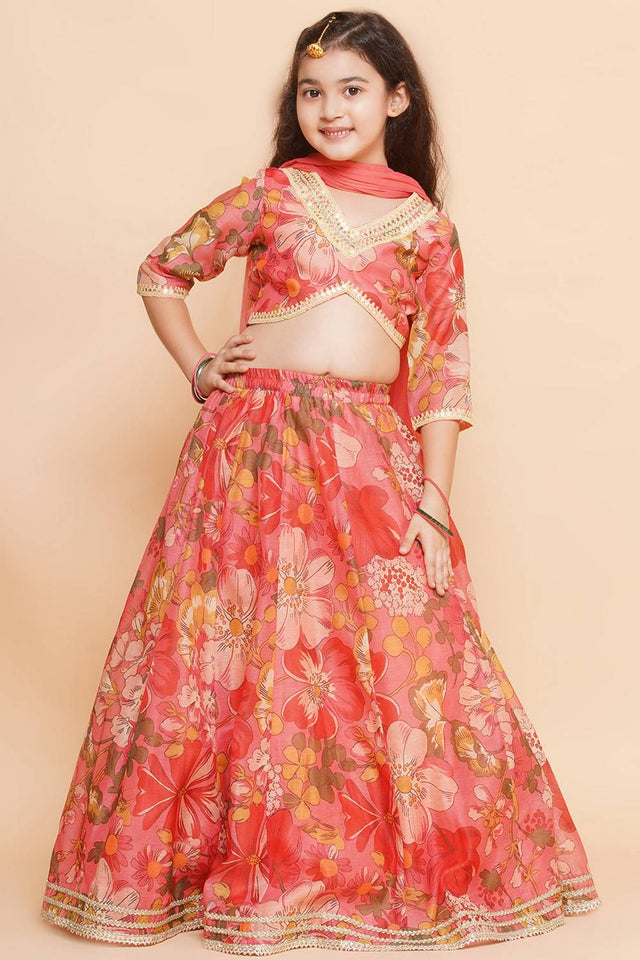 Girl's Yellow Floral Printed Silk Lehenga