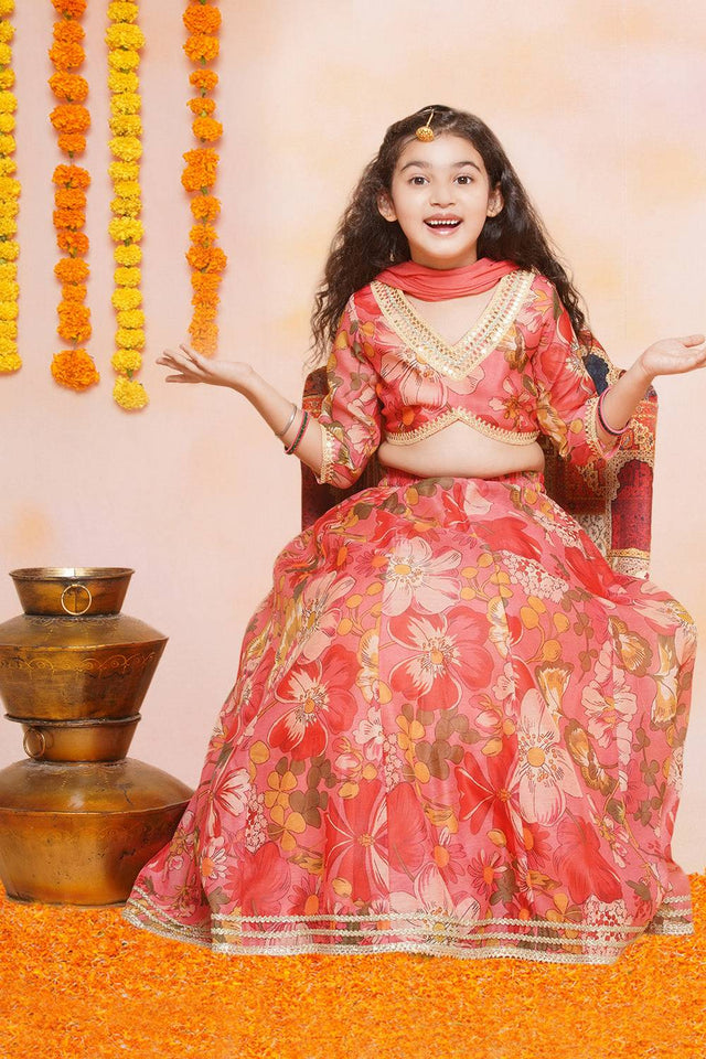 Girl's Yellow Floral Printed Silk Lehenga