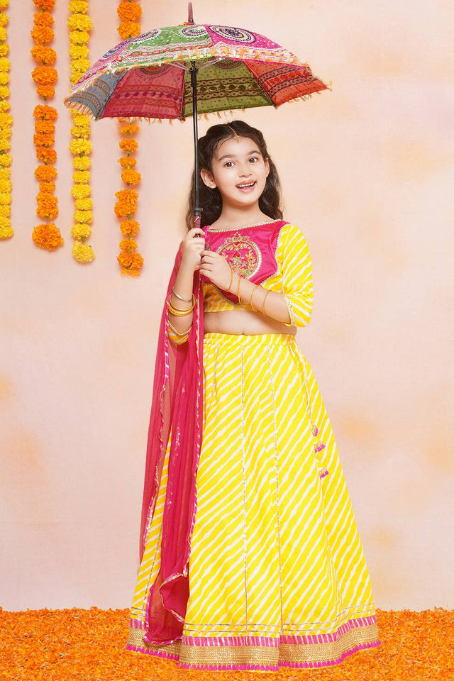Girl's Yellow Floral Printed Cotton Lehenga