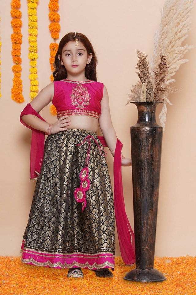 Girl's Pink Foil Printed Silk Lehenga