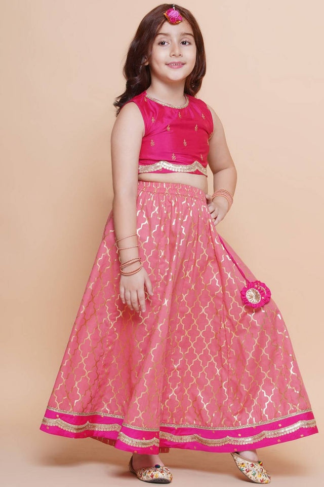 Girl's Pink Foil Printed Silk Lehenga