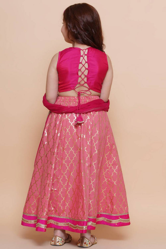 Girl's Pink Foil Printed Silk Lehenga