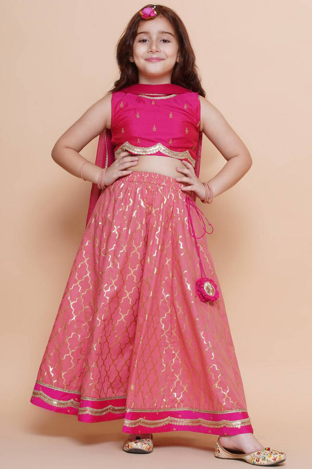 Girl's Pink Foil Printed Silk Lehenga