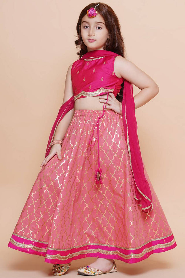 Girl's Pink Foil Printed Silk Lehenga