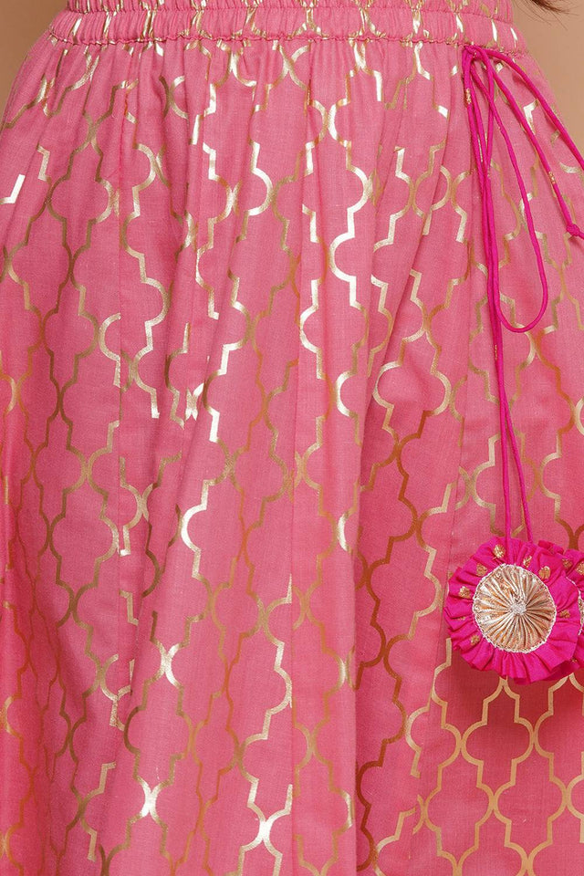 Girl's Pink Foil Printed Silk Lehenga