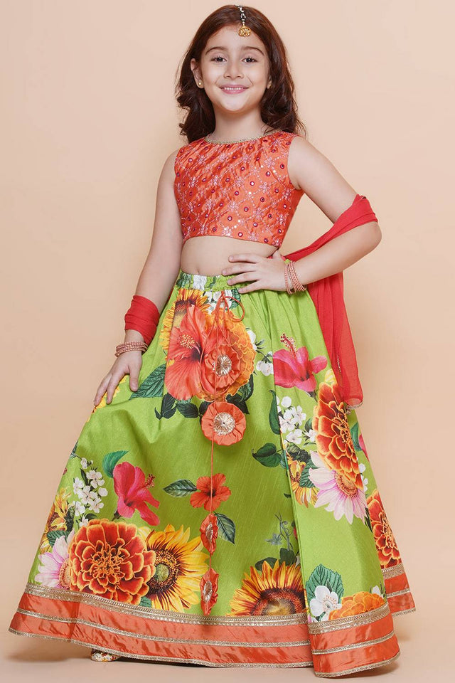Girl's Orange Floral Printed Silk Lehenga