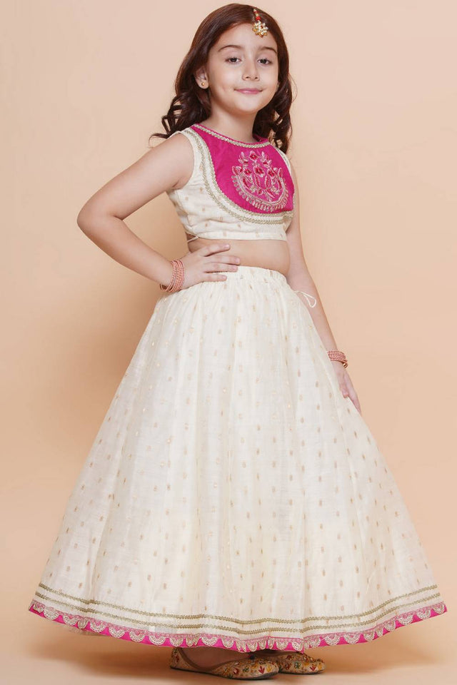 Girl's White Woven Silk Lehenga