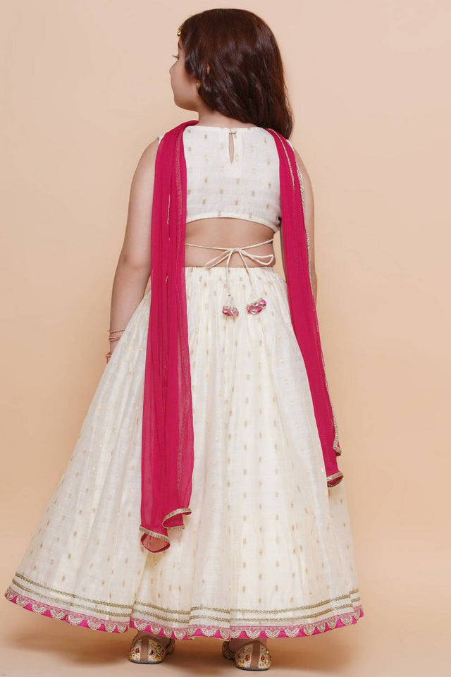 Girl's White Woven Silk Lehenga