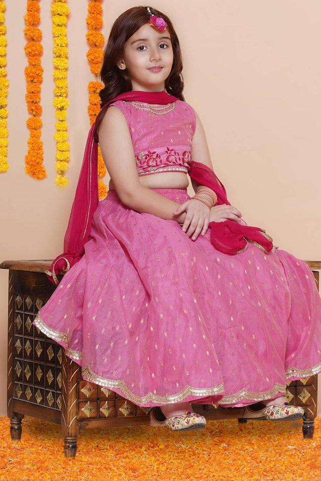 Girl's Pink Woven Silk Lehenga