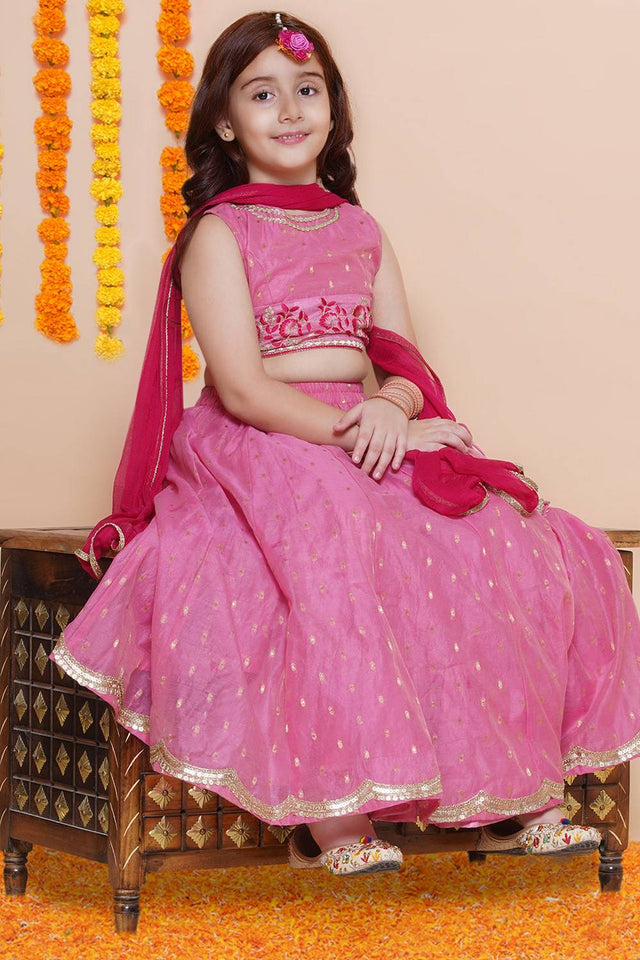Girl's Pink Woven Silk Lehenga