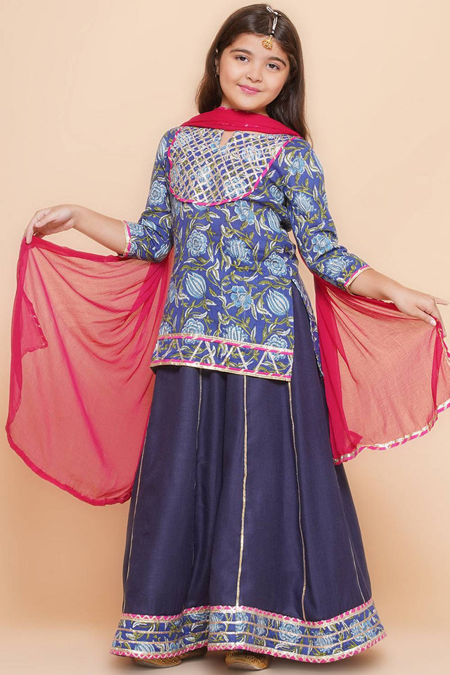 Girl's Navy Blue Lace Work Cotton Lehenga