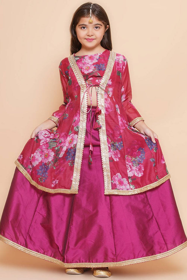 Girl's Maroon Floral Printed Silk Lehenga