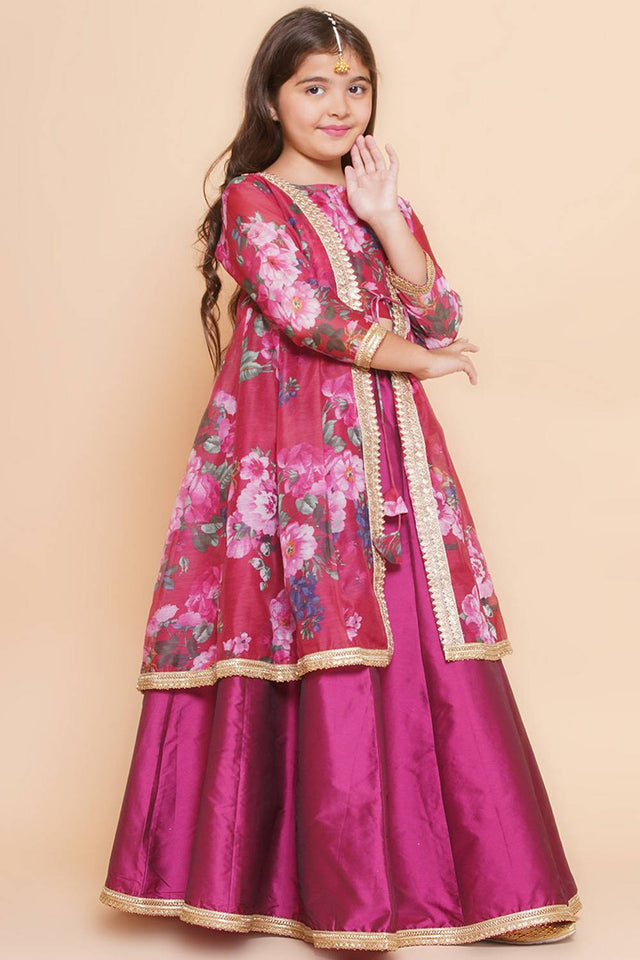 Girl's Maroon Floral Printed Silk Lehenga