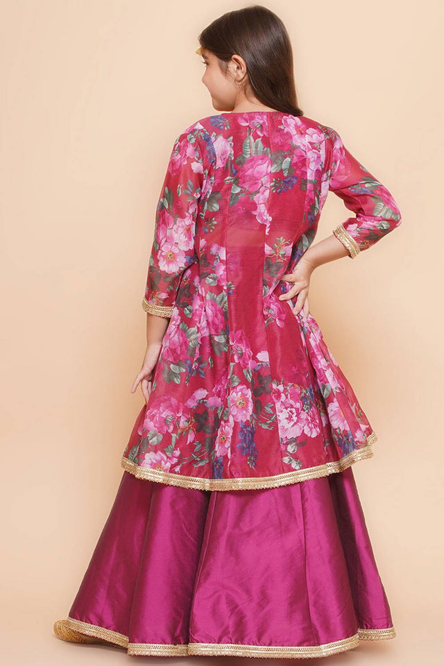Girl's Maroon Floral Printed Silk Lehenga