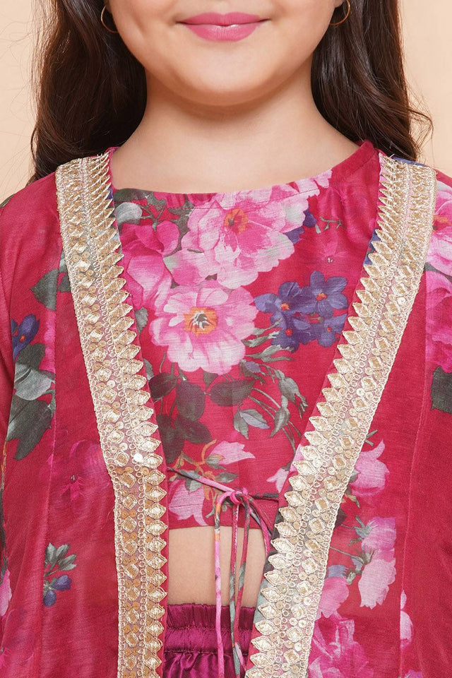 Girl's Maroon Floral Printed Silk Lehenga