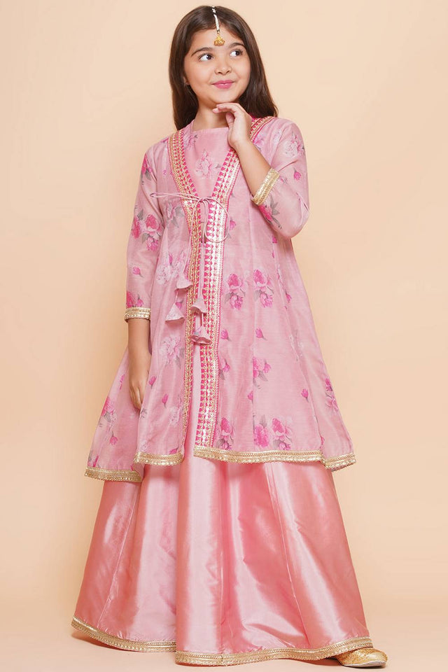 Girl's Pink Floral Printed Silk Lehenga