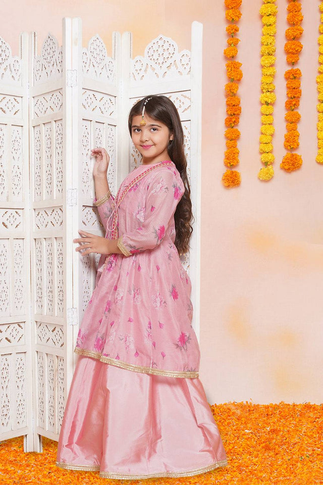 Girl's Pink Floral Printed Silk Lehenga