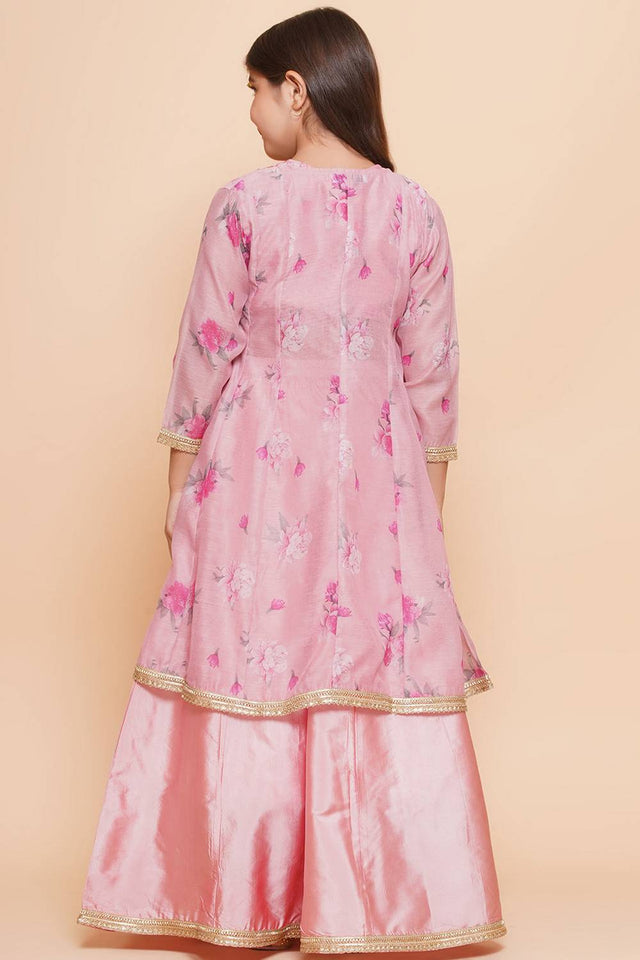 Girl's Pink Floral Printed Silk Lehenga
