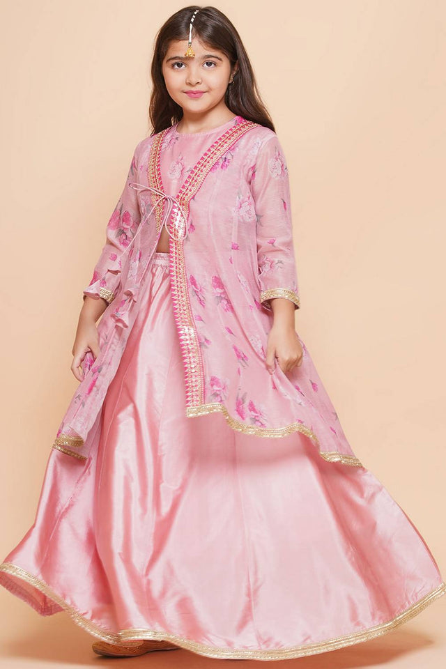 Girl's Pink Floral Printed Silk Lehenga