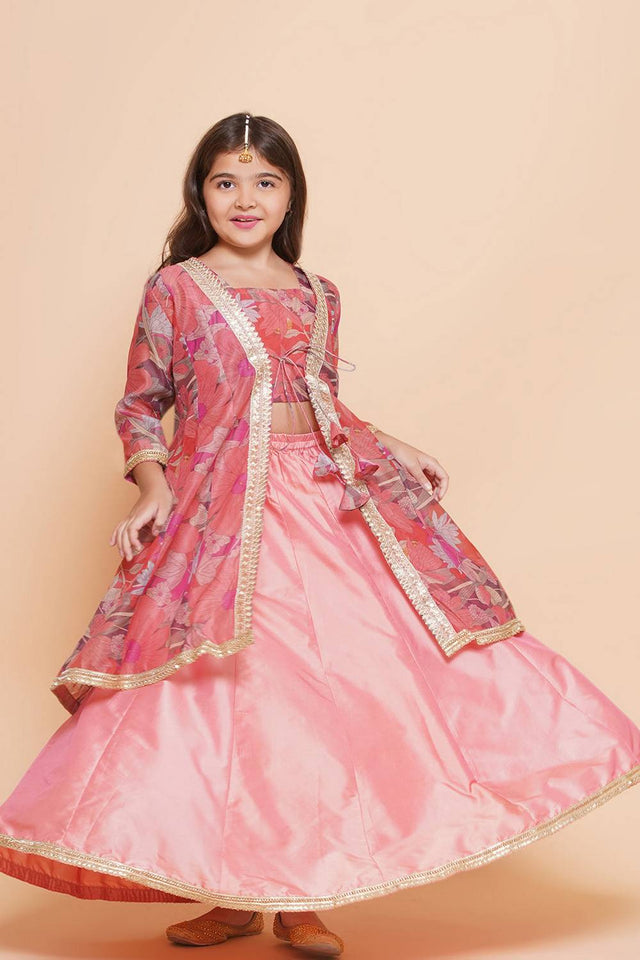 Girl's Peach Floral Printed Silk Lehenga