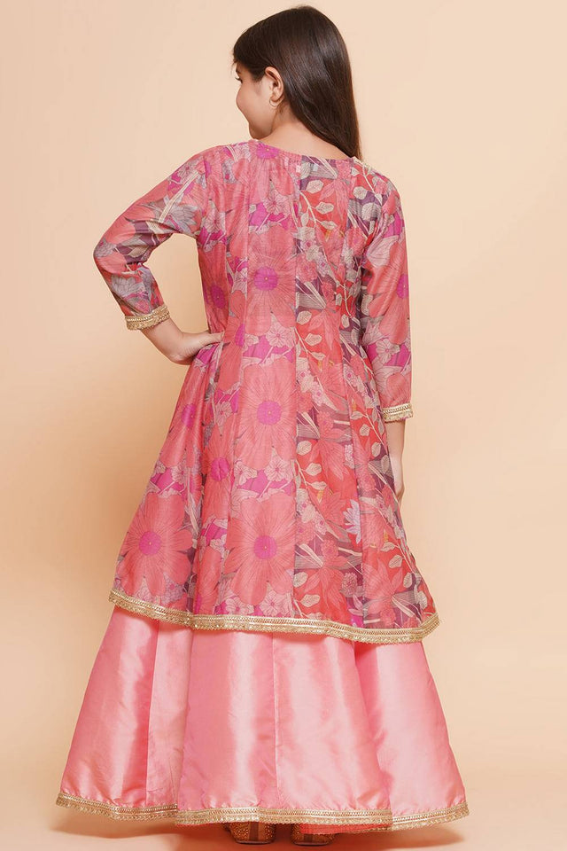Girl's Peach Floral Printed Silk Lehenga