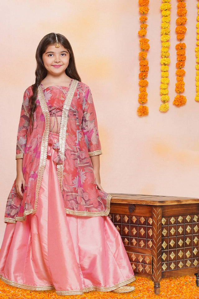 Girl's Peach Floral Printed Silk Lehenga