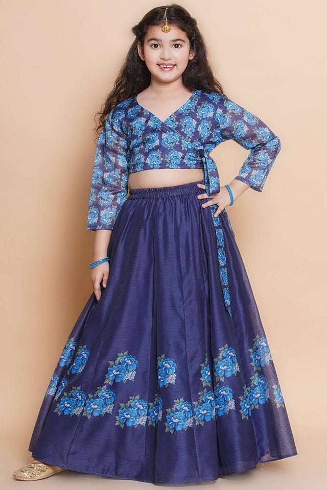 Girl's Navy Blue Floral Printed Silk Lehenga