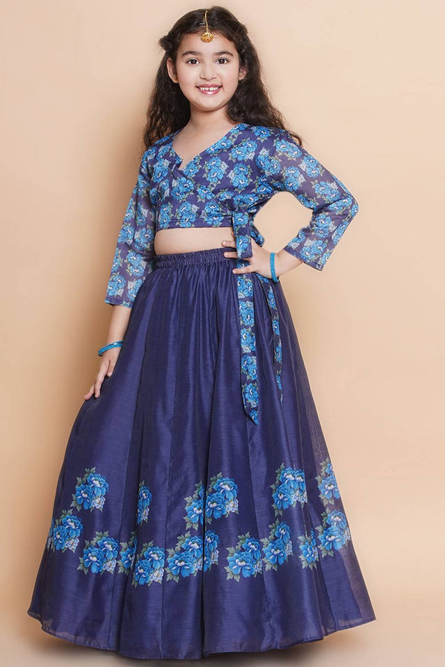 Girl's Navy Blue Floral Printed Silk Lehenga
