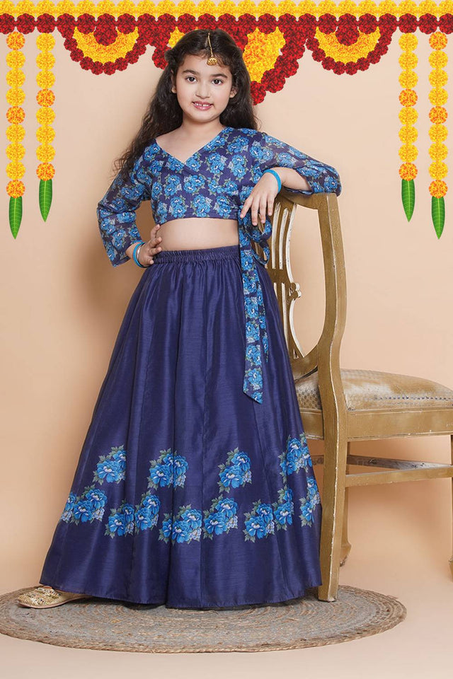 Girl's Navy Blue Floral Printed Silk Lehenga