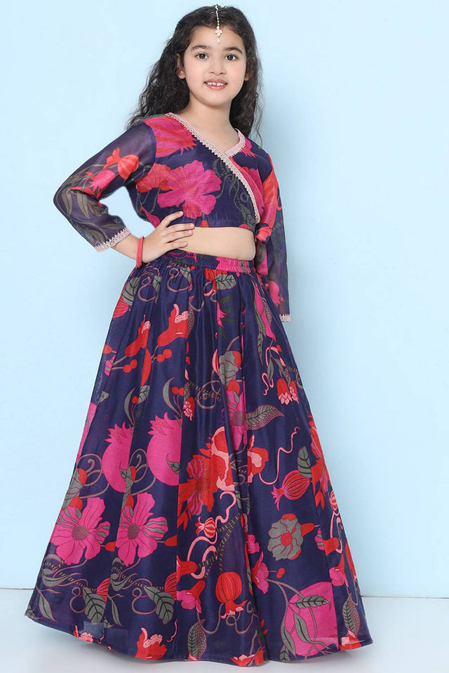 Girl's Violet Floral Printed Silk Lehenga
