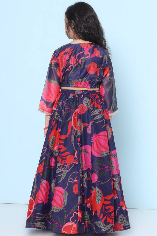 Girl's Violet Floral Printed Silk Lehenga