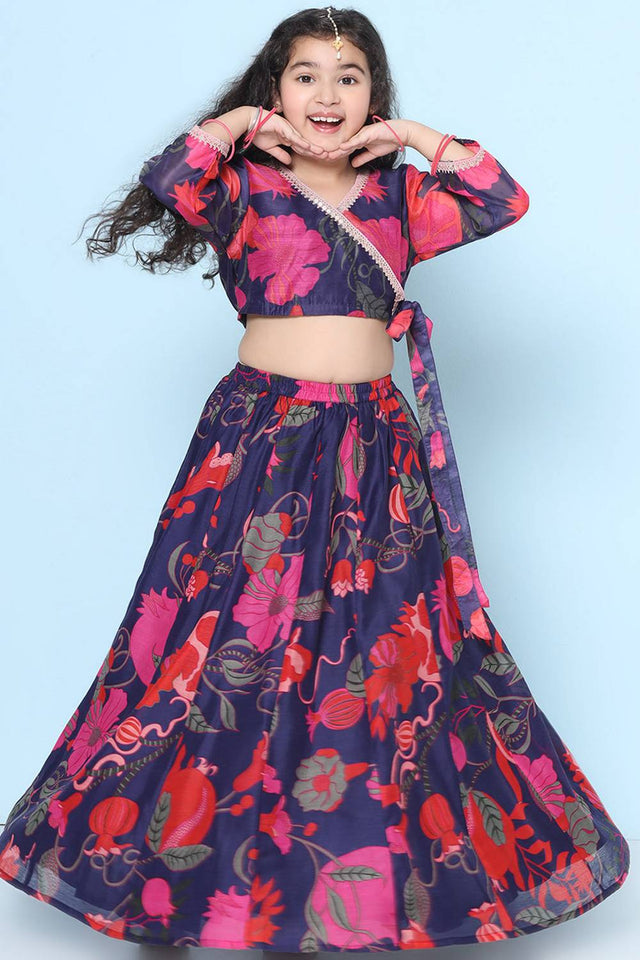 Girl's Violet Floral Printed Silk Lehenga