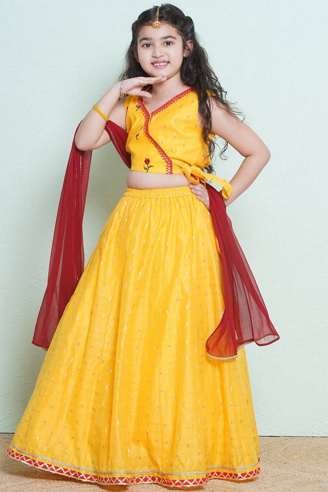 Girl's Yellow Floral Printed Silk Lehenga
