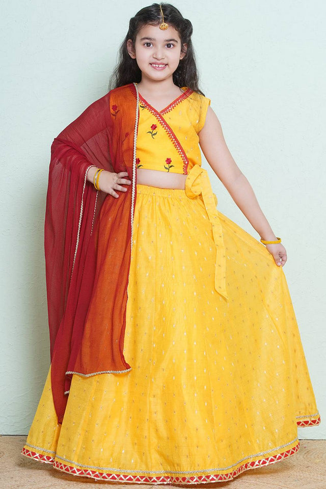 Girl's Yellow Floral Printed Silk Lehenga