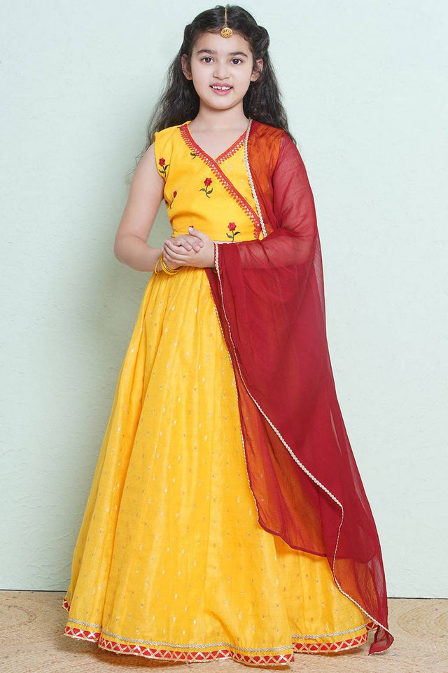 Girl's Yellow Floral Printed Silk Lehenga